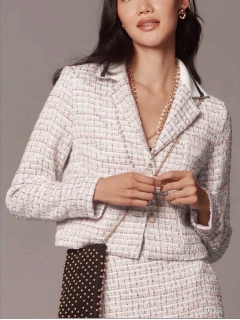 Maeve Pink and Cream Tweed Cropped Blazer